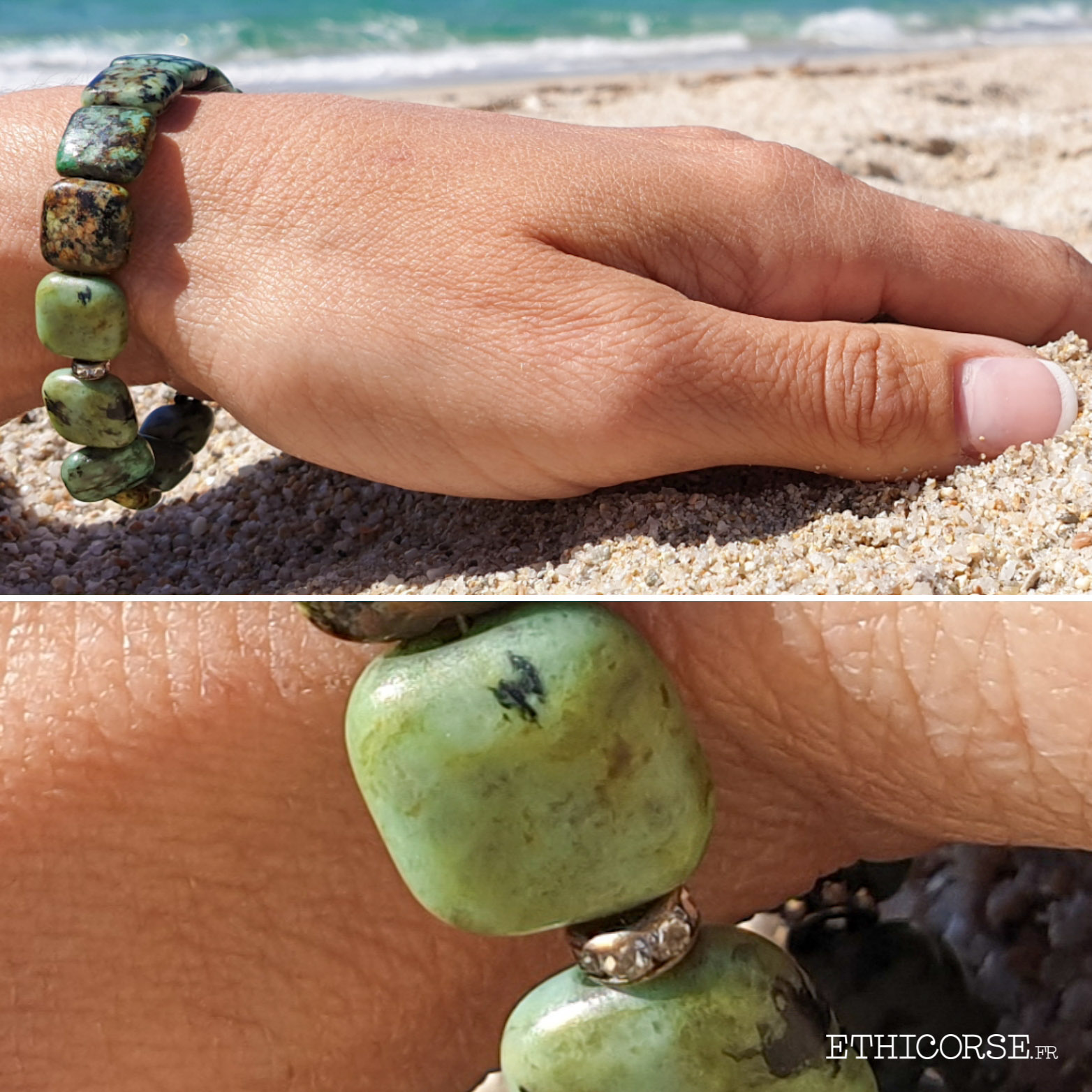 Bracelet vert porté à la plage